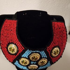 Handcrafted Beaded Necklace - Red and Blue